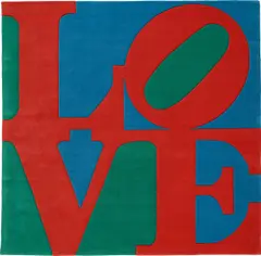 Classic Love by Robert Indiana, 1995, Skein dyed, hand-carved and hand-tufted archival New Zealand woolen rug, sold Oct 2023