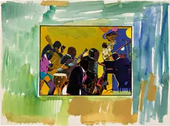 Out Chorus (G. 97) by Romare Bearden, 1979-80, Screenprint in colors and etching in black with extensive hand-coloring in watercolor, on Arches paper, the full sheet, offered Oct 2023