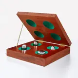Richard Artschwager, Four Approximate Objects (A. 22), 1970-1991, Mahogany, formica and brass box multiple with green flocking and four chrome-plated brass objects