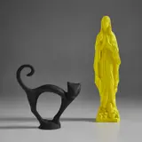 Katharina Fritsch, Katze (Cat); and Madonnenfigur (Madonna), 1981/89 - 1982, One plastic multiple painted black ( Cat ) and one plaster multiple with yellow pigment ( Madonna )