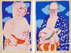 May Stevens, Big Daddy, circa 1970s, Unique gouache and pen diptych, on wove paper