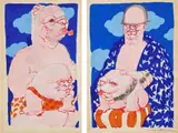 May Stevens, Big Daddy, circa 1970s, Unique gouache and pen diptych, on wove paper