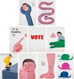 David Shrigley and Joan Cornellà, Vote, 2022, The complete set of eight screenprints in colors, on wove paper, the full sheets, with title page, all contained in the original foam-lined wooden box with printed title and artists names