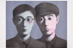 Description, plate no. 20, from The Storyteller’s Enchantment by Zhang Xiaogang, 2009, Lithograph in colors, on Rives BFK paper, with full margins, contained in the original paper folio with red text in Fren, sold Sep 2023