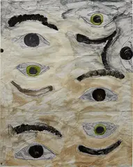 John Finneran, 7 Eyes, 2007, Unique oil and pen drawing, on aluminum foil taped to pink grid paper with blue painter's tape