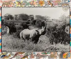 The Singing Rhino - Kenya, June by Peter Beard, 1960, Gelatin silver print with collaged gelatin silver prints, applied watercolor, tempera paint, and original drawings by th, sold Apr 2023