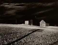 Two Barns and Shadow, Vicinity of Dansville, New York by Minor White, 1955, Gelatin silver print, printed later, sold Oct 2023