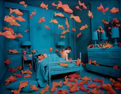 Sandy Skoglund, Revenge of the Goldfish and 'Blaze' Sculpture, 1981, Dye destruction print, flush-mounted. Accompanied by a polyester resin sculpture of an orange fish, 'Blaze,' mounted on a bronze base with patina