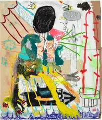 Felix R. Cid, Untitled (Darpedo del Canpo), 2022, oil, spray paint, acrylic, granite rocks and cardboard on canvas