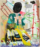 Felix R. Cid, Untitled (Darpedo del Canpo), 2022, oil, spray paint, acrylic, granite rocks and cardboard on canvas