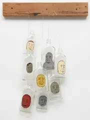 Barry McGee, Untitled (8 Bottles), 2003, acrylic on glass bottle, wire and wood
