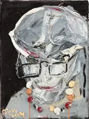 Goldmutter mit schwarzer Brille, braunlich-bunter Perlenkette und röttlicher Augenbraue by Jonathan Meese, 2004, oil on canvas, sold Mar 2023