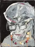 Jonathan Meese, Goldmutter mit schwarzer Brille, braunlich-bunter Perlenkette und röttlicher Augenbraue, 2004, oil on canvas