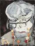 Jonathan Meese, Diamantenmutter mit schwarzer Brille, bunter Perlenkette und rötlichem Schlangemund, 2004, oil on canvas