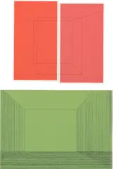 Kate Shepherd, Two works: (i) Lined Tall Stage on Green ; (ii) Exquisite Red and Coral Vertical Room with Transparent Plane, 2002, graphite transfer and screenprint on paper