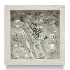 Mary Bauermeister, Untitled, 1967, ink, glass, glass lens, wooden sphere, pen, plastic and painted wood construction
