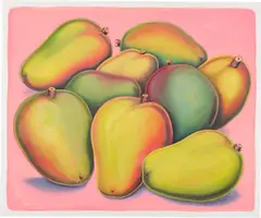 Pedro Pedro, Tropical Mangos 3 for 99 Cents, 2019, acrylic on paper