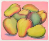 Pedro Pedro, Tropical Mangos 3 for 99 Cents, 2019, acrylic on paper