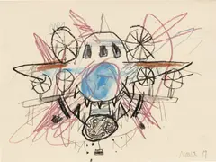 A-10 (face & gun) by Robert Nava, 2019, crayon, grease pencil and graphite on paper, sold Jul 2023