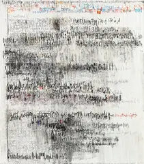 Despina Stokou, 12/14/13 /!doctypehtml II, 2014, oil, spray paint, marker, oil crayon, charcoal, pastel chalk and paper collage on canvas
