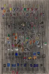 Despina Stokou, (right) Emojis iphone, 2015, oil, charcoal, chalk and collage on linen