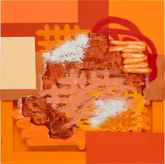 Fihankra (Security) by Patrick Alston, 2021, acrylic, oil, enamel, pumice, spray paint, and texture spray on sewn fabric and vinyl, offered Jul 2023