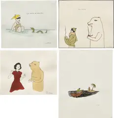 Four works: (i) Lovers ; (ii–iii) Untitled ; (iv) Was kostet der Eintritt? by Marcel Dzama, 2000, ink and watercolor on paper, sold Jul 2023