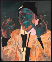 Amani Lewis, Black Sheep: DZheep, 2019, acrylic, oil pastel, digital collage, embroidery and glitter on canvas