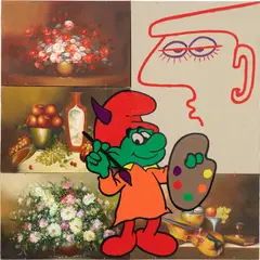 Ronnie Cutrone, A-Head of His Time, 1984, acrylic and oil on linen and found canvas