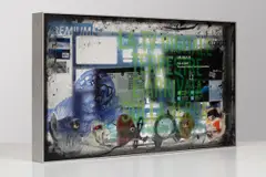 Simon Denny, Analogue/Digital Transmission Switchover, Italy, 2012, Humax digital signal decoder, metal, Plexiglas, stained MDF, screenprint, rubber masks and cables