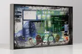 Simon Denny, Analogue/Digital Transmission Switchover, Italy, 2012, Humax digital signal decoder, metal, Plexiglas, stained MDF, screenprint, rubber masks and cables