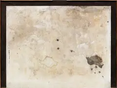 Lucy Dodd, A View From the Argyroneta Aquaticas Living Room, 2012, walnut, sand, cabbage, lime juice, kombucha and pastel on canvas, laid on panel, in artist's frame