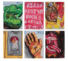 Alex Becerra, Six works: (i–vi) Untitled, 2015–2016, crayon and marker on notepad paper
