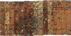El Anatsui, Untitled, 2002, acrylic, keys and padlocks on carved wood, in 15 parts