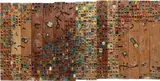 El Anatsui, Untitled, 2002, acrylic, keys and padlocks on carved wood, in 15 parts