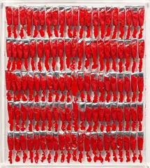 Puristic Monochrome by Arman, 1990, five horizontal rows of Cadmium Red Medium acrylic paint with tubes embedded in polyester resin, encased in Plexiglas, sold Dec 2023