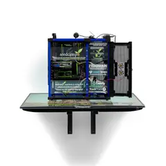 Simon Denny, Startup Custom Case: Seedcamp Accelerator, 2013, Antec Lanboy customizable PC case, digital print on Plexiglas, various customizable PC parts, metal fittings, Samsung 40" LED 3D Smart TV, editioned promotional video collaboration with Marco Woldt and USB stick