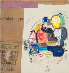 Jonni Cheatwood, Dance Party in a Closed Cleo's, 2016, oil, acrylic, burlap and fabric collage on canvas