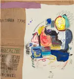 Jonni Cheatwood, Dance Party in a Closed Cleo's, 2016, oil, acrylic, burlap and fabric collage on canvas