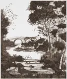 17,500 Yards (Landscape Without an Angel, After Hagar and the Angel by Claude Lorrain) from the series Pictures of Thread by Vik Muniz, 1997, toned gelatin silver print, sold Dec 2023