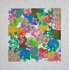 Melissa Yeung-Yap, Gracious, 2023, handwoven indigenous Philippine fabrics (Yakan Tennun, T’boli T'nalak, Manobo Weave, Bagobo Tagabawa Inabal Weave) and acrylic on canvas in a unique hand drawn and hand-carved frame