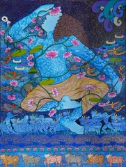 Seema Kohli, The Cosmic Dance, 2023, acrylic colour and ink on canvas with 24ct gold and silver leaf