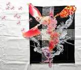 ren zi 仁子, under an unruly sun, 2023, cotton sarong fabric, double-pass UV print on rigid PVC film, cotton and polyester thread