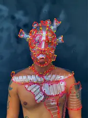 Frankenstein by Leeroy New, 2021, collected PET bottles, rubber tube and cable ties, offered Nov 2023