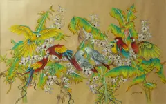 Parrots by Tang Juey Lee, 2014, watercolour on rice paper, offered Nov 2023
