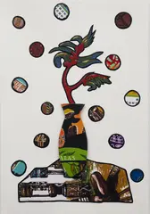 Tony Albert, Remark (Modern Designer Vase #8), 2022, acrylic and vintage appropriated fabric on arches paper