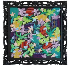 Lush Life by Melissa Yeung-Yap, 2023, handwoven indigenous Philippine fabrics (Yakan Tennun, T’boli T'nalak, Manobo Weave, Maranao Balud Weave) and acrylic on, offered Nov 2023