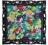 Melissa Yeung-Yap, Lush Life, 2023, handwoven indigenous Philippine fabrics (Yakan Tennun, T’boli T'nalak, Manobo Weave, Maranao Balud Weave) and acrylic on canvas in a hand-carved frame
