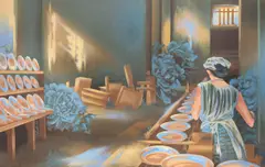 Dioramas of industry: Doing the dishes by Shen Jiaqi, 2023, acrylic on linen, offered Nov 2023