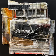 Max Balatbat, Kapilya, 2023, acrylic skin, aluminium sheet, rope, thread, paper, acetate, charcoal, crayon, oil, wax, rustic metal sheet, nails, printed, acrylic spray paint, fabric, polyurethane material, metal tray, salvage wood, resin, pencil, enamel, used canvas, burlap and acrylic on canvas